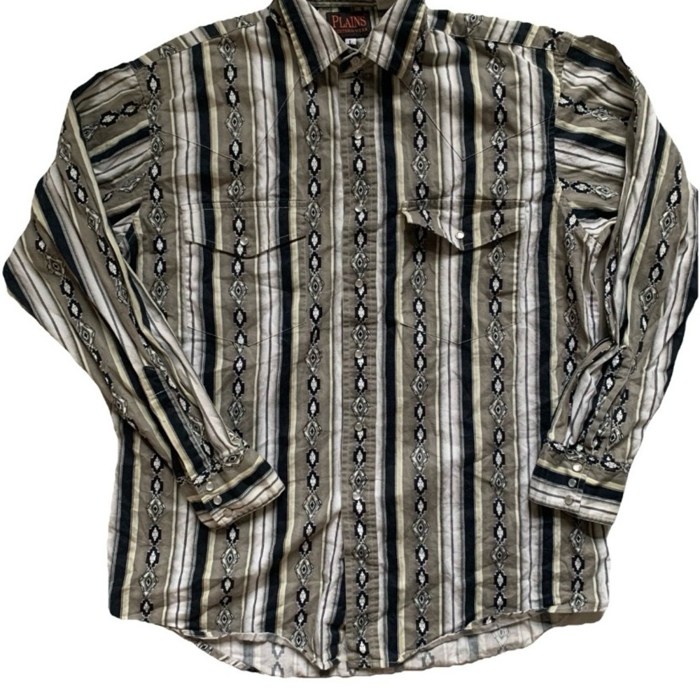 Plains Western Wear Shirt Mens Large Pearl Snap Striped Rodeo Cowboy 80s 90s